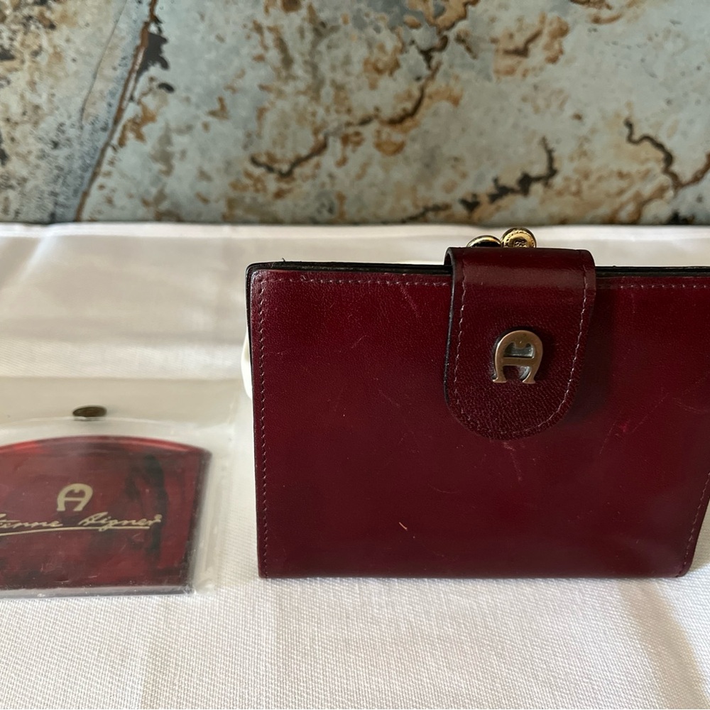 Etienne Aigner oxblood leather Wallet with Gold Hardware Kisslock coin & mirror